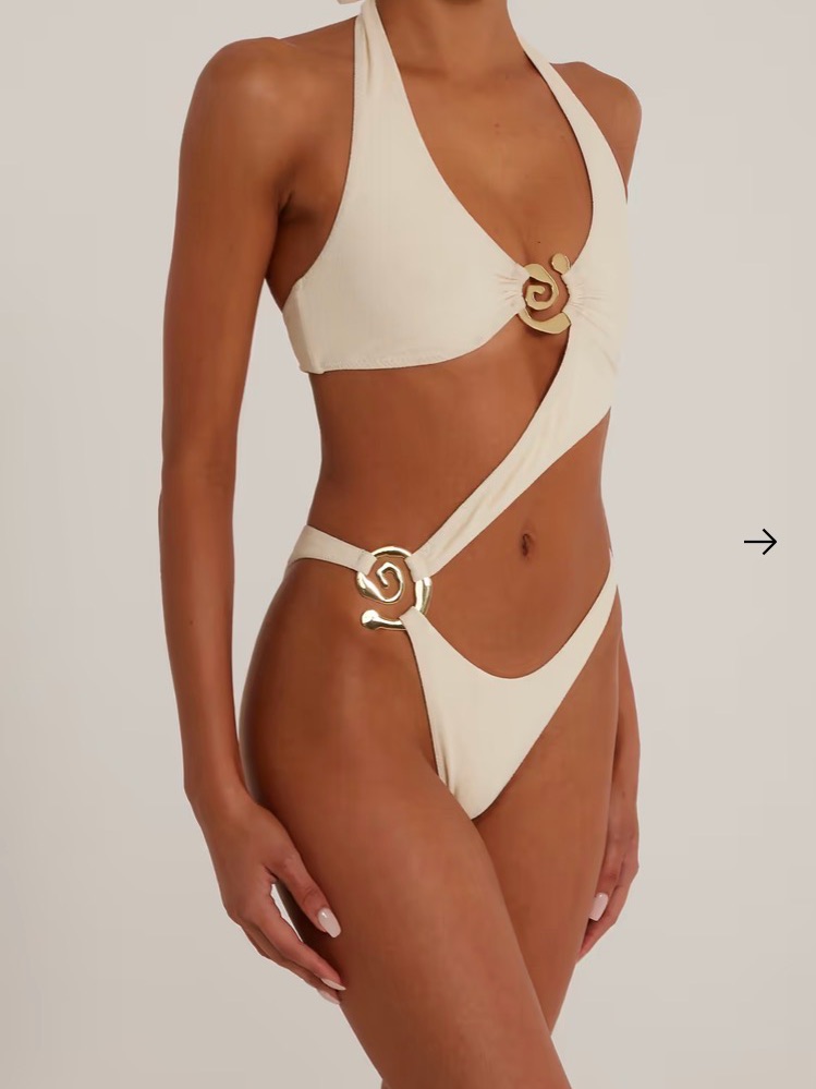 Cream Asymmetric Halter Onepiece Swimsuit With Gold Spiral Rings Faux Suede